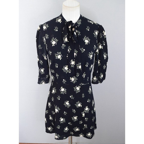 Reformation Dresses & Skirts - Reformation Cassie Mini Dress 4 Black Floral Tie Neck Dark Floral Puff Sleeve